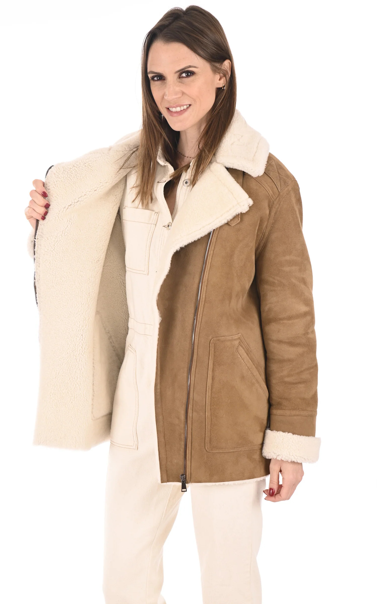 Veste peau lainée loose camel – Image 2