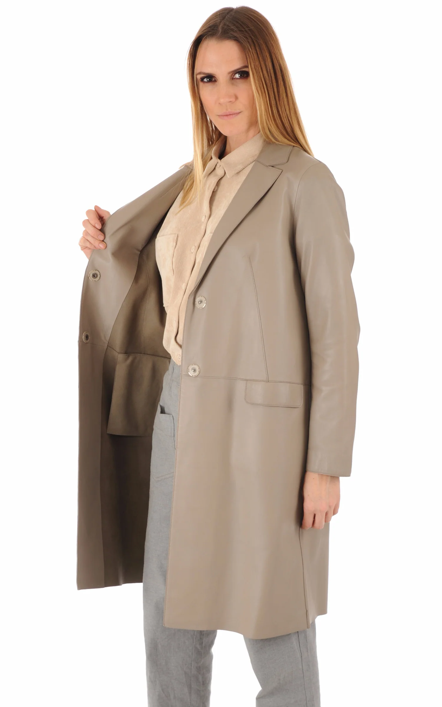 Veste longue en cuir d'agneau beige – Image 3