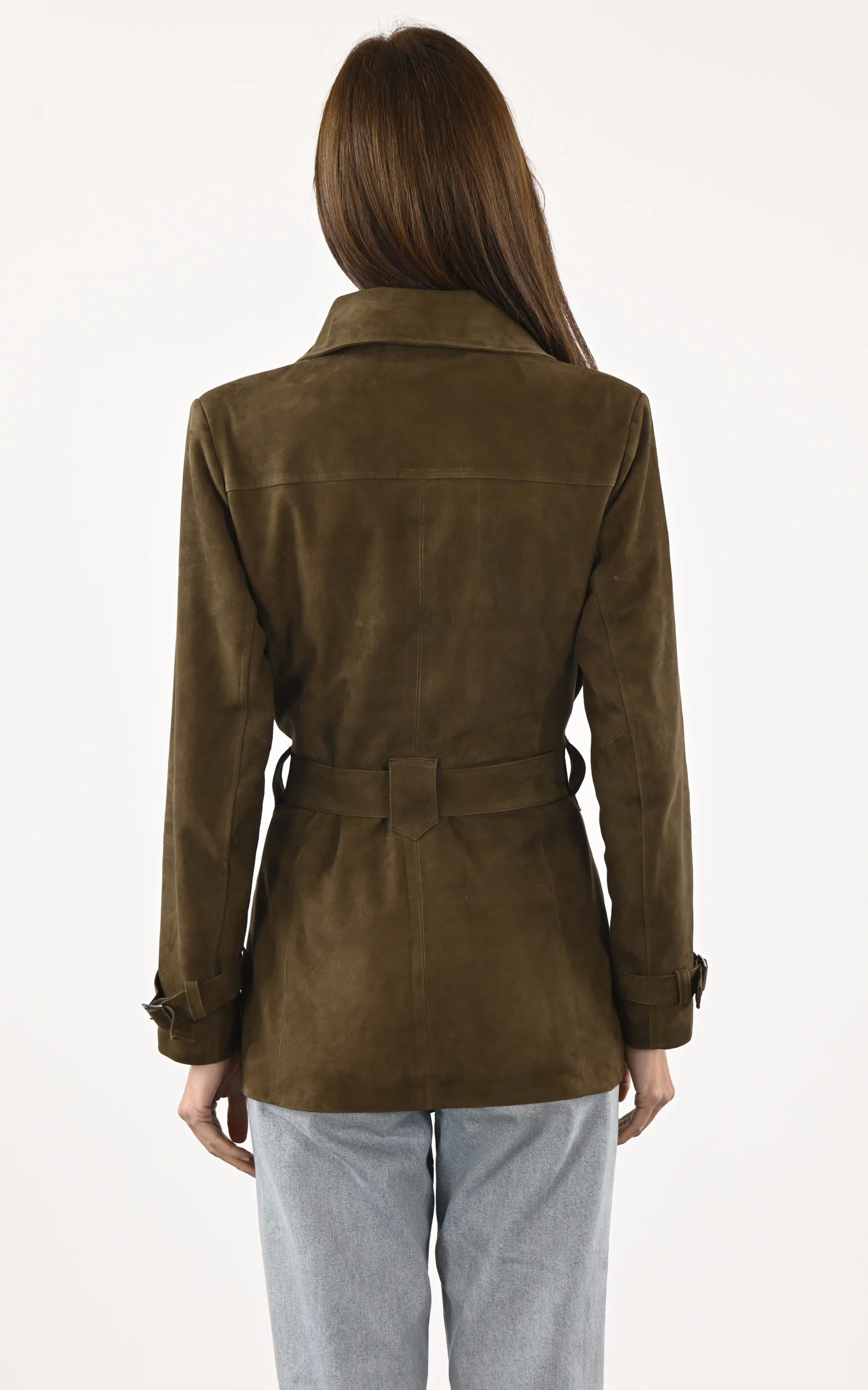Trench court cuir velours kaki – Image 3