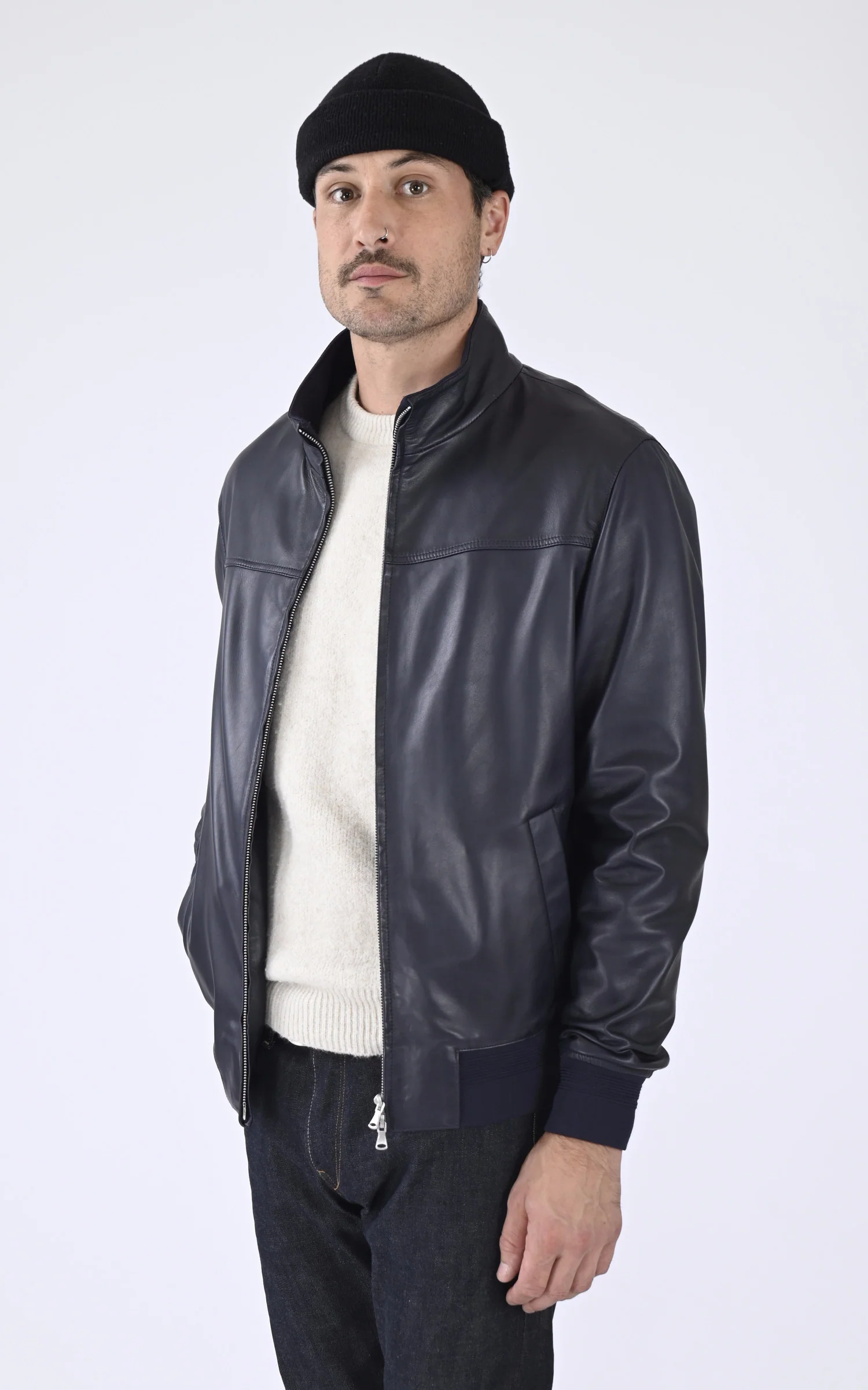 Blouson cuir Joel bleu marine