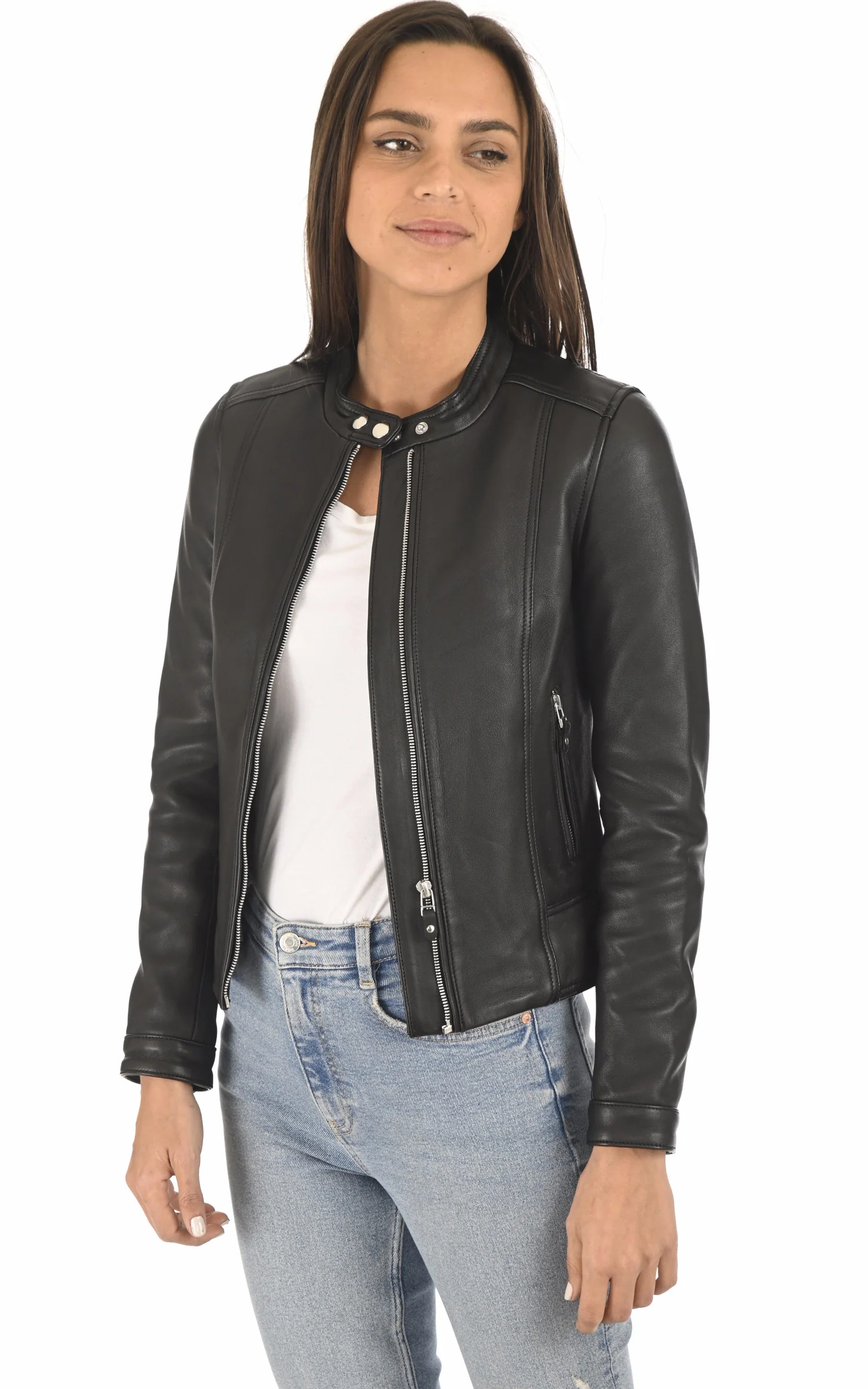 Blouson motard cuir Fiona noir