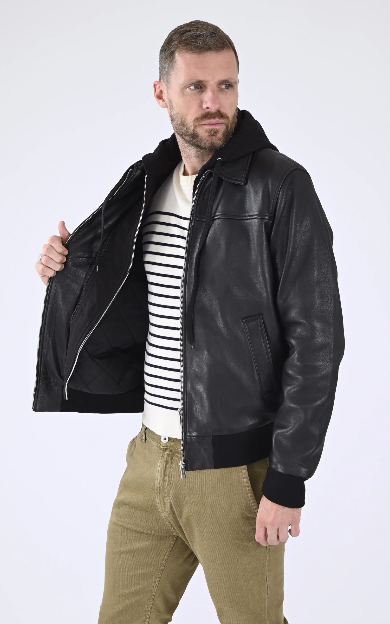 Blouson capuche cuir Amos Hood noir – Image 3