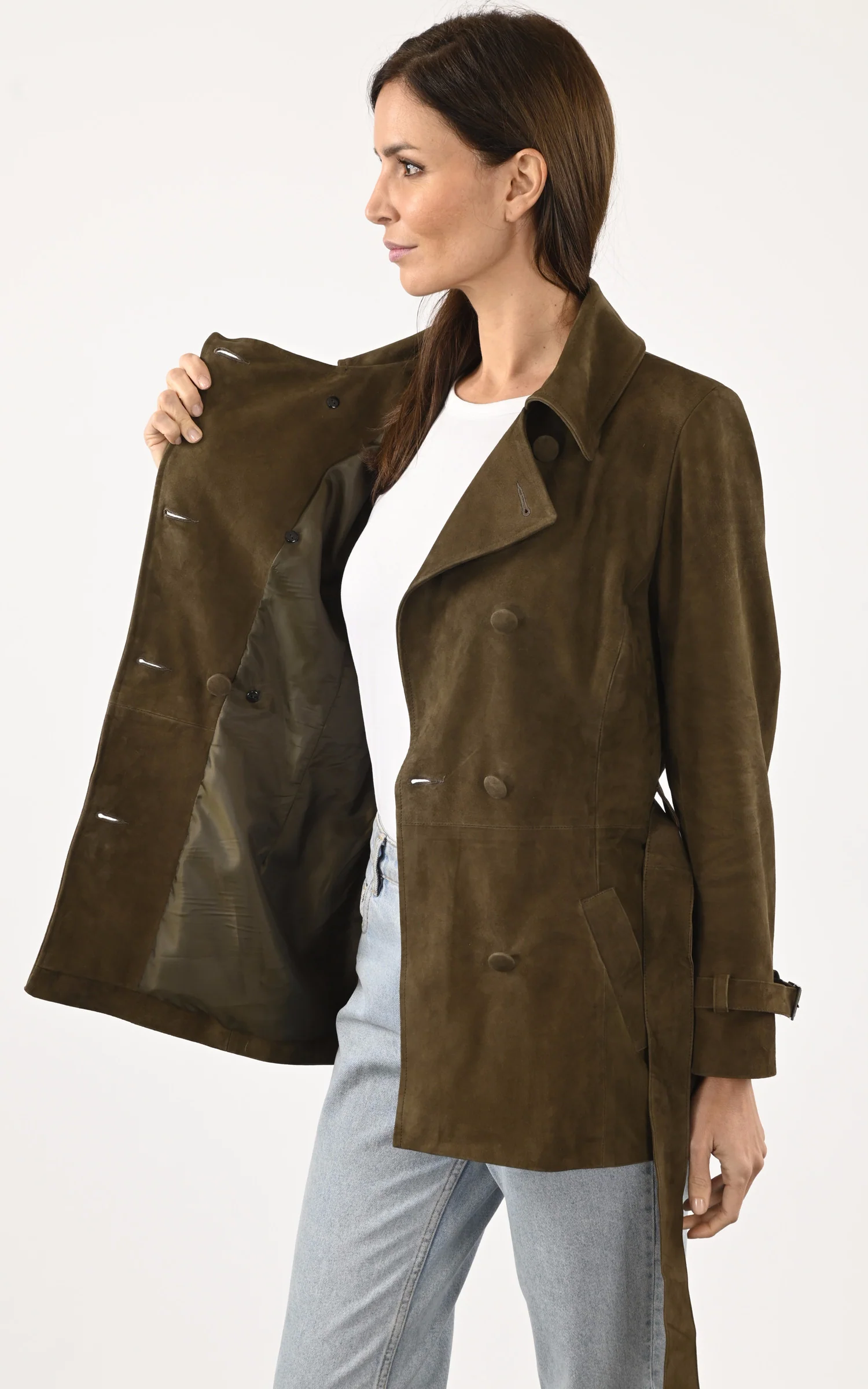 Trench court cuir velours kaki – Image 2
